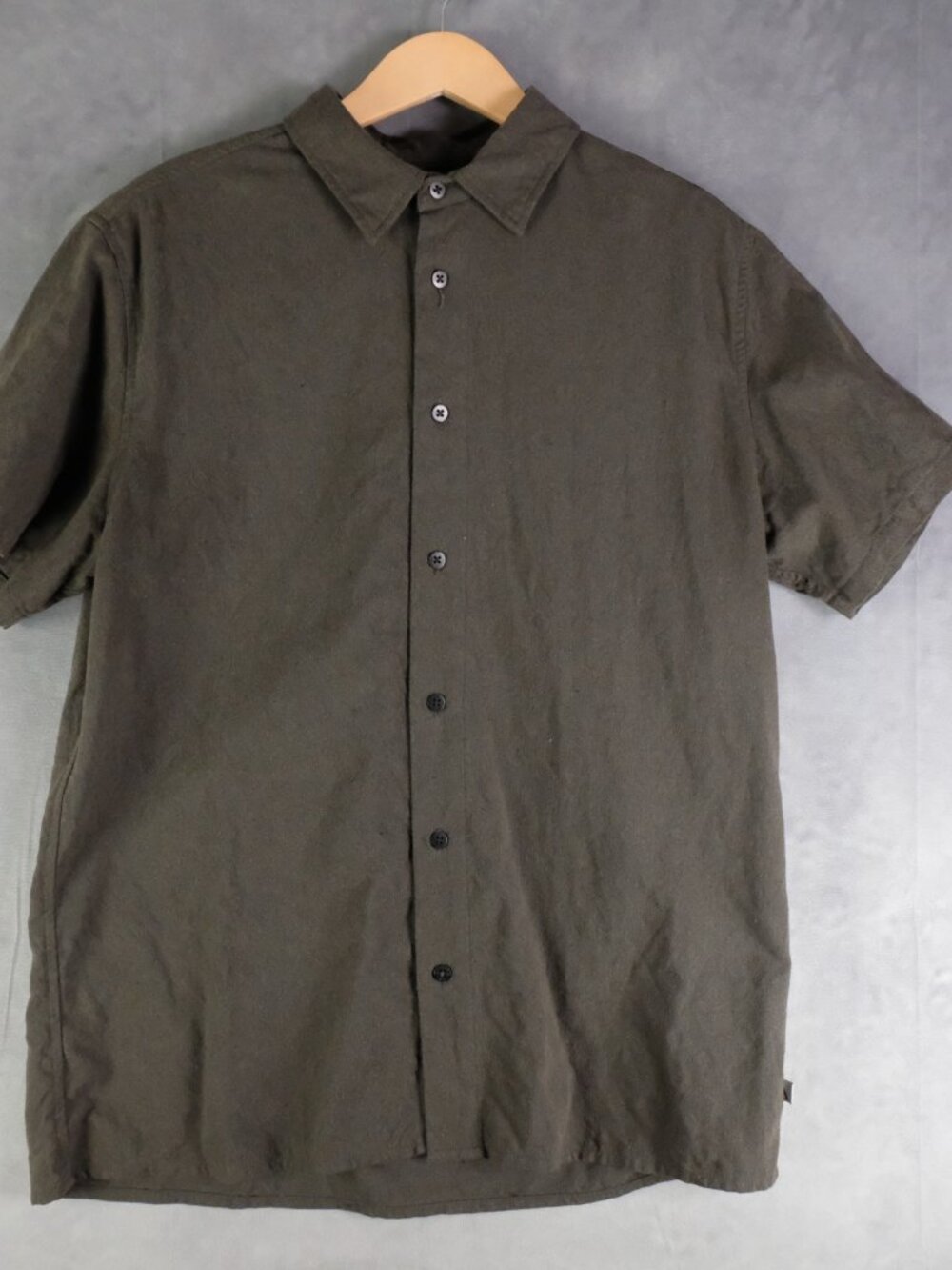 Anian Shirt Mens Extra Large Olive Green Button Up Cotton Linen Short Sleeve